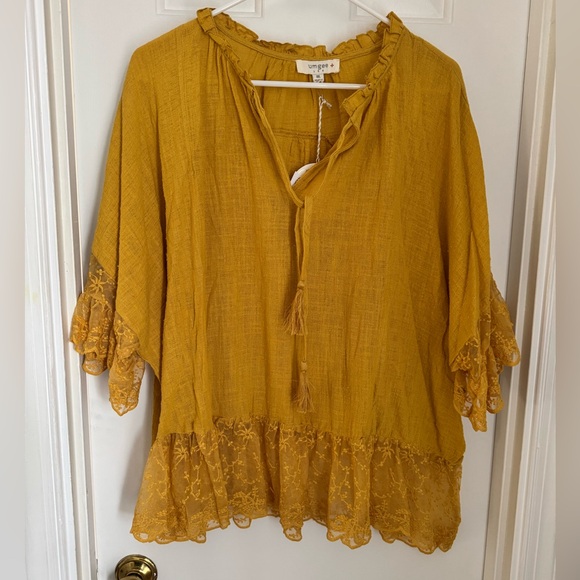 NWT, Umgee, Tassel, Lace Hem Top, Golden, Marigold, Flowy, Saffron, Size 1XL - Picture 3 of 4